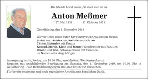 Traueranzeige Anton Meßmer