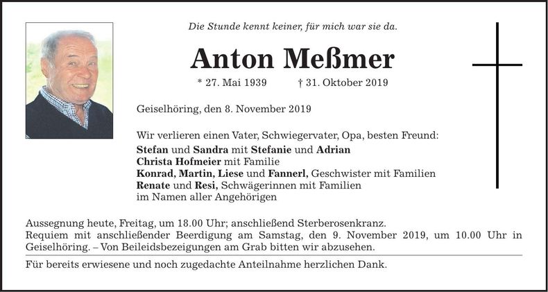 Traueranzeige Anton Meßmer