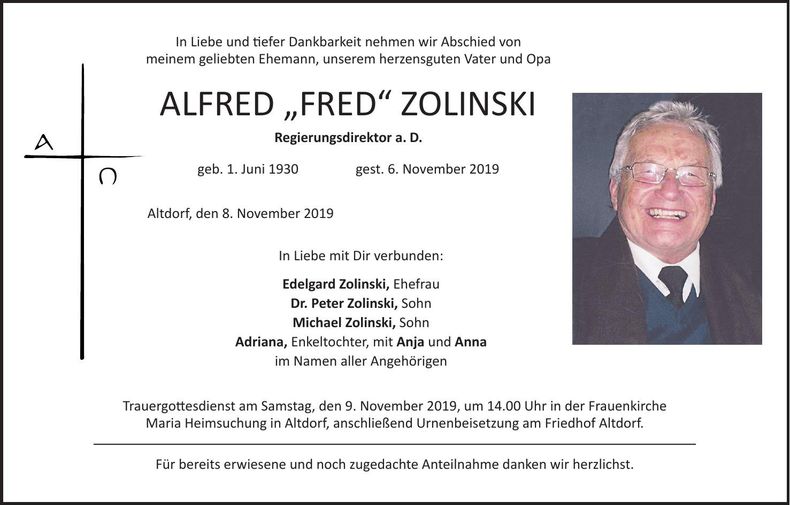 Traueranzeige Alfred Zolinski
