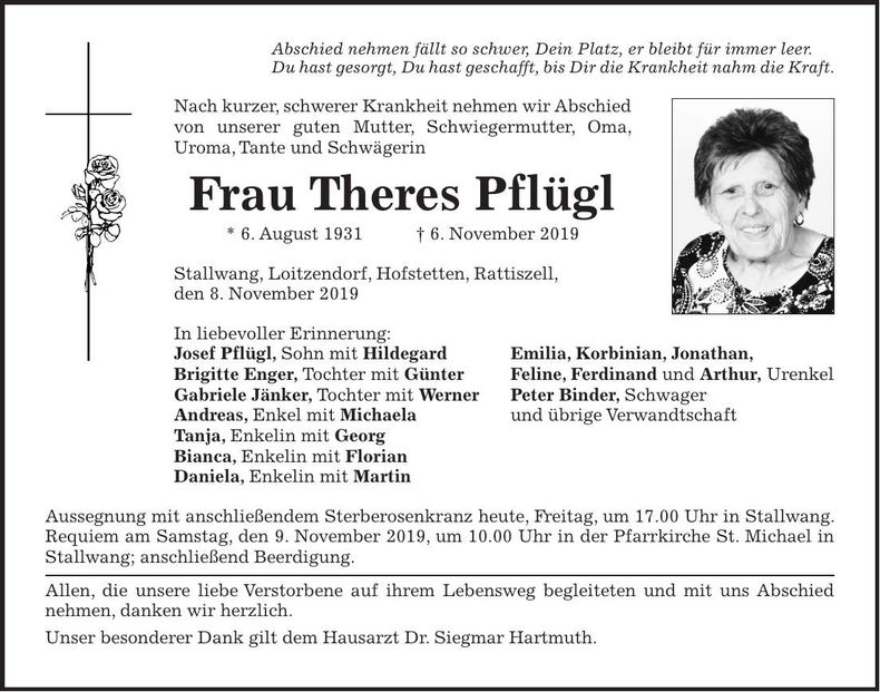 Traueranzeige Theres Pflügl