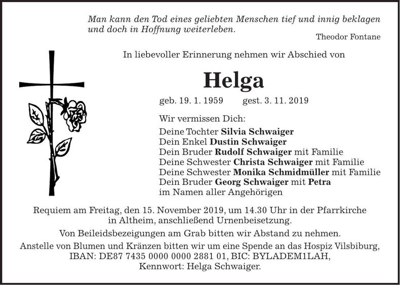 Traueranzeige Helga Schwaiger