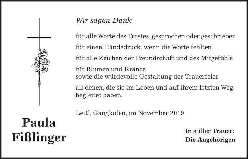 Traueranzeige Paula Fißlinger