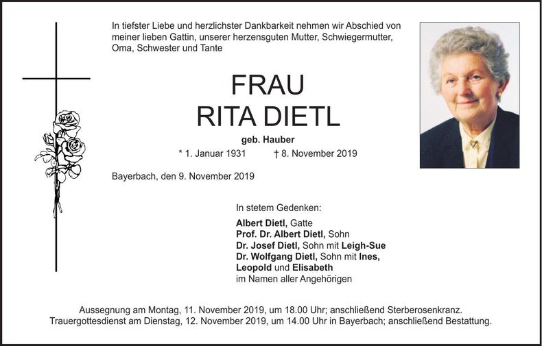 Traueranzeige Rita Dietl