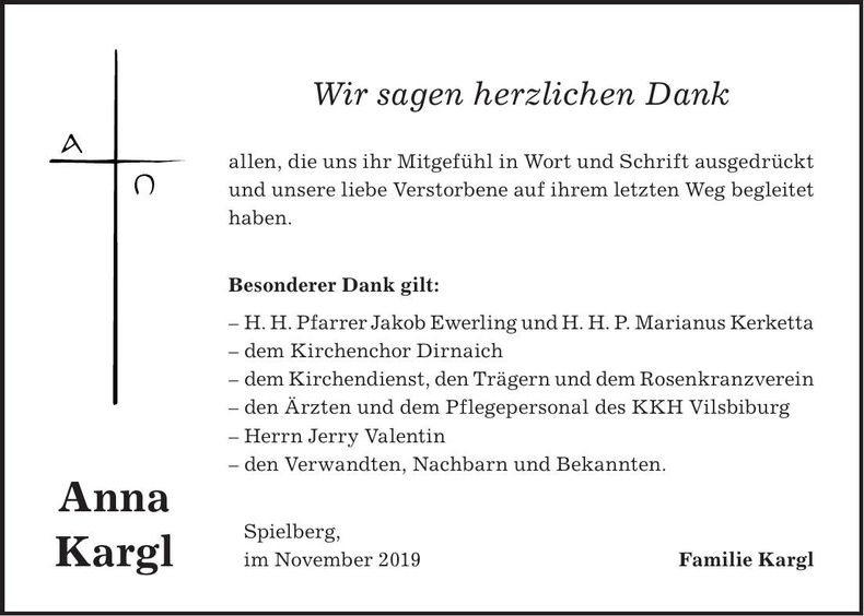Traueranzeige Anna Kargl