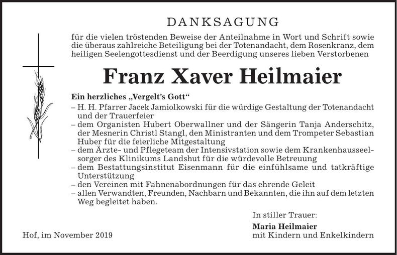 Traueranzeige Franz Xaver Heilmaier