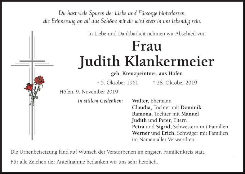 Traueranzeige Judith Klankermeier
