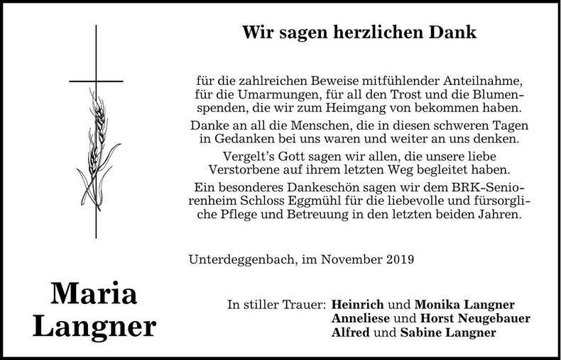 Traueranzeige Maria Langner