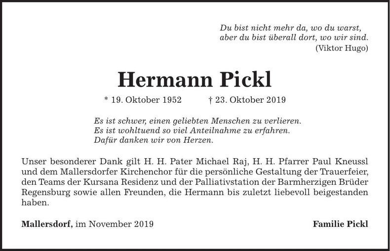 Traueranzeige Hermann Pickl