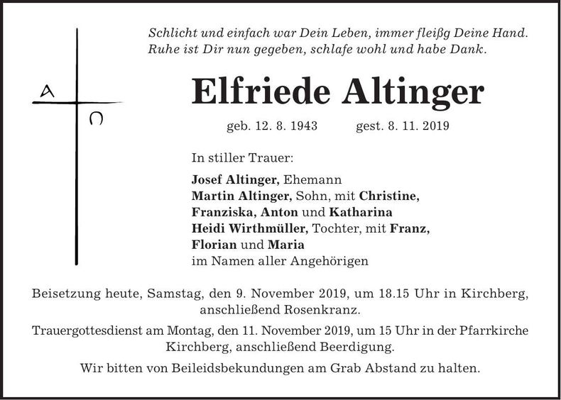 Traueranzeige Elfriede Altinger