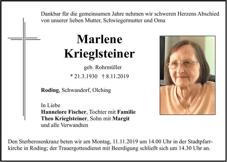 Traueranzeige Marlene Kriglsteiner