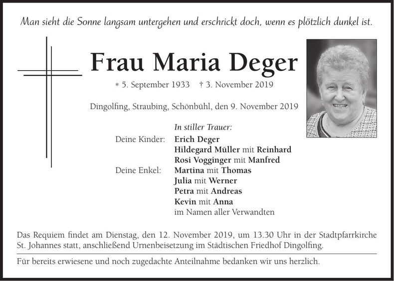 Traueranzeige Maria Deger