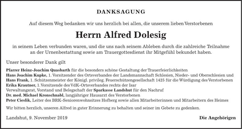 Traueranzeige Alfred Dolesig
