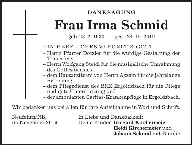 Traueranzeige Irma Schmid