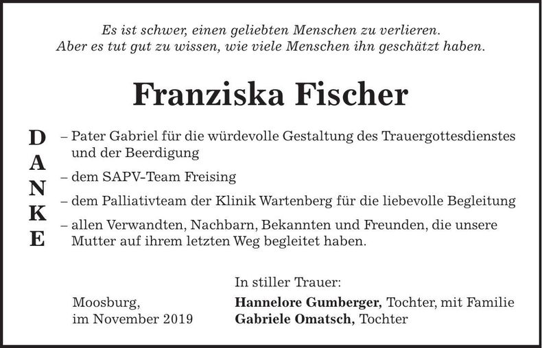 Traueranzeige Franziska Fischer