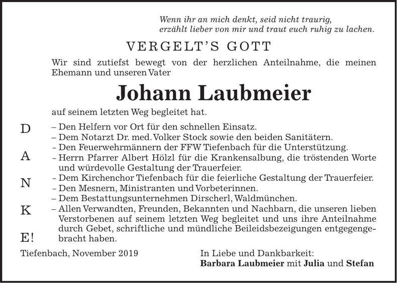 Traueranzeige Johann Laubmeier