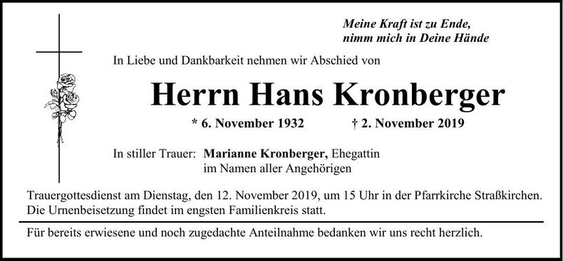 Traueranzeige Hans Kronberger