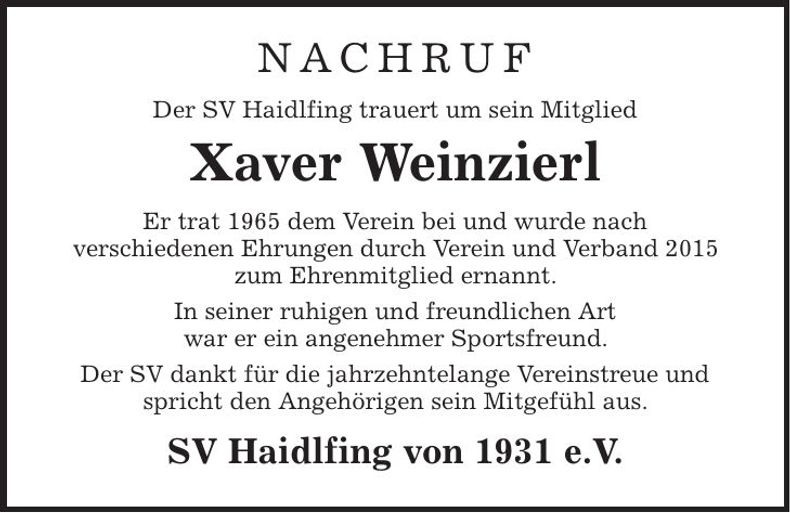 Traueranzeige Xaver Weinzierl