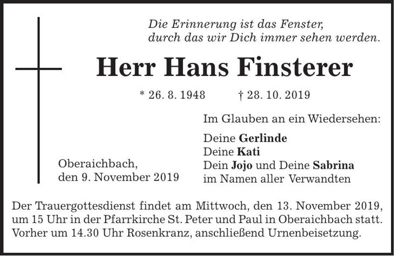 Traueranzeige Hans Finsterer