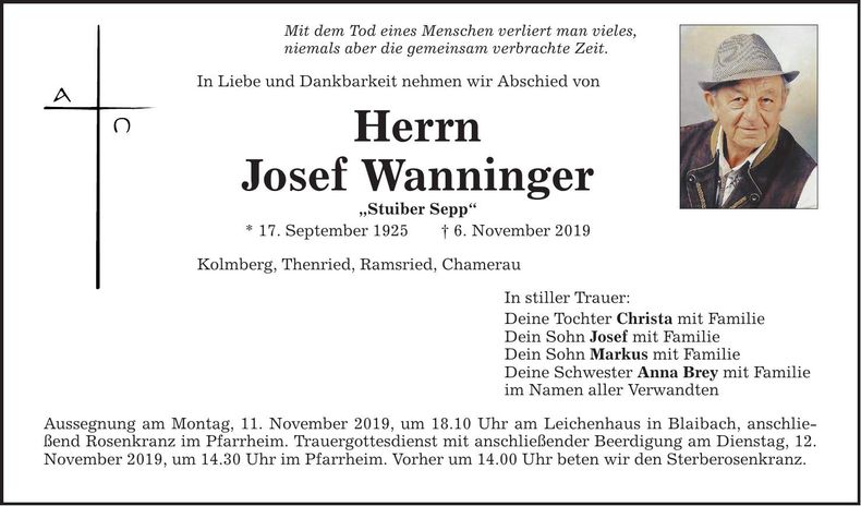Traueranzeige Josef Wanninger