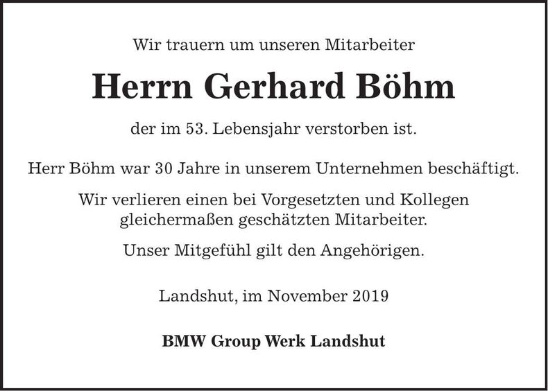 Traueranzeige Gerhard Böhm
