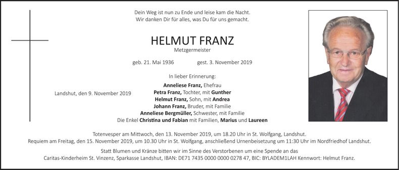Traueranzeige Helmut Franz