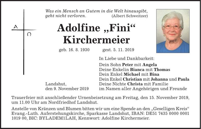 Traueranzeige Adolfine Kirchermeier