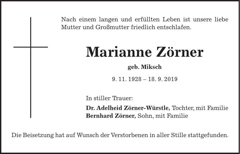 Traueranzeige Marianne Zörner