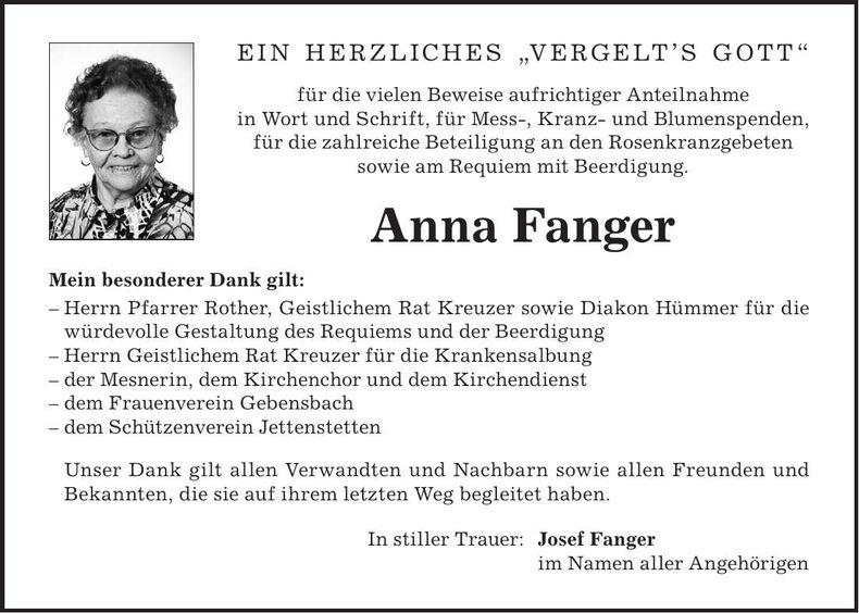Traueranzeige Anna Fanger