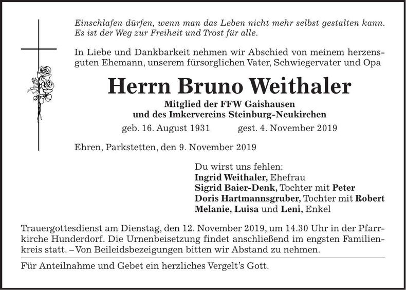 Traueranzeige Bruno Weithaler