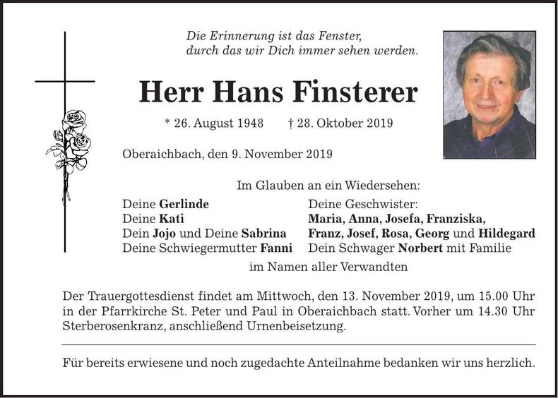 Traueranzeige Hans Finsterer