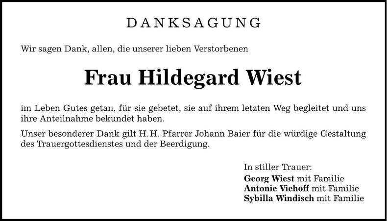Traueranzeige Hildegard Wiest