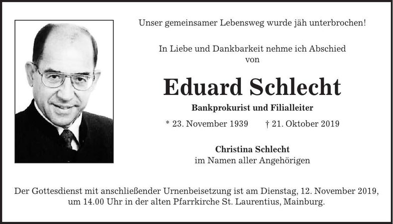 Traueranzeige Eduard Schlecht