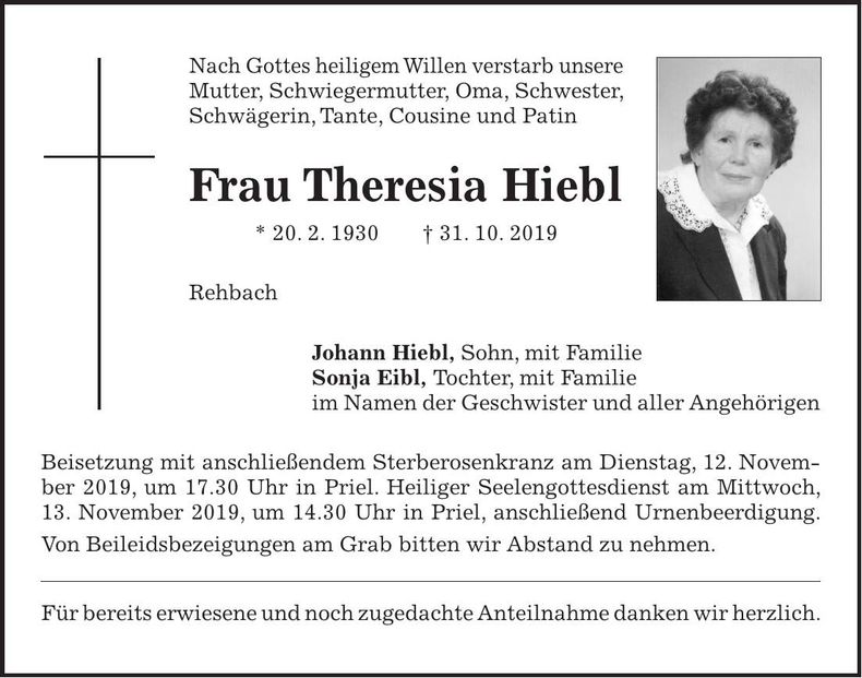 Traueranzeige Theresia Hiebl