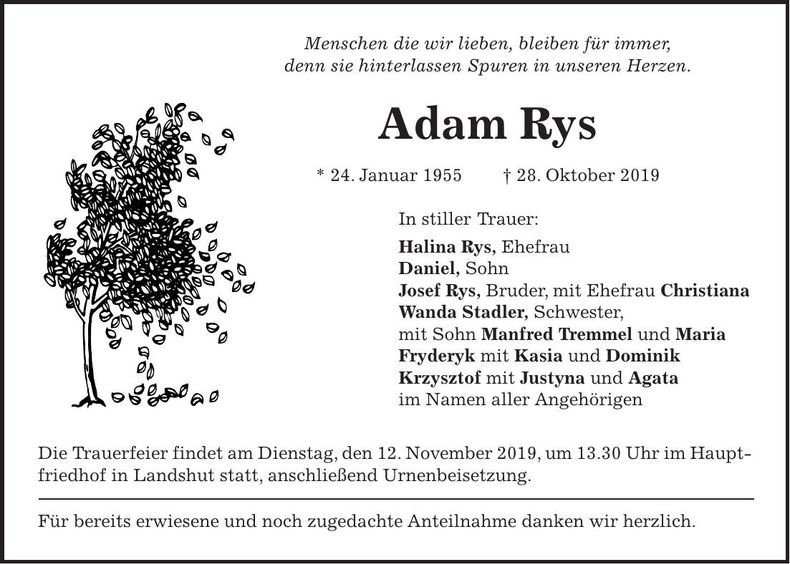 Traueranzeige Adam Rys