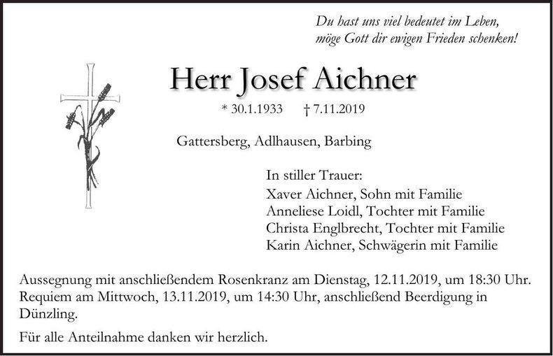 Traueranzeige Josef Aichner