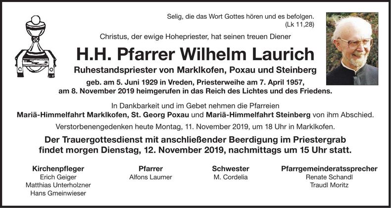 Traueranzeige Wilhelm Laurich