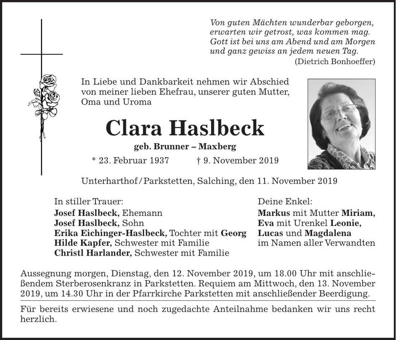Traueranzeige Clara Haslbeck