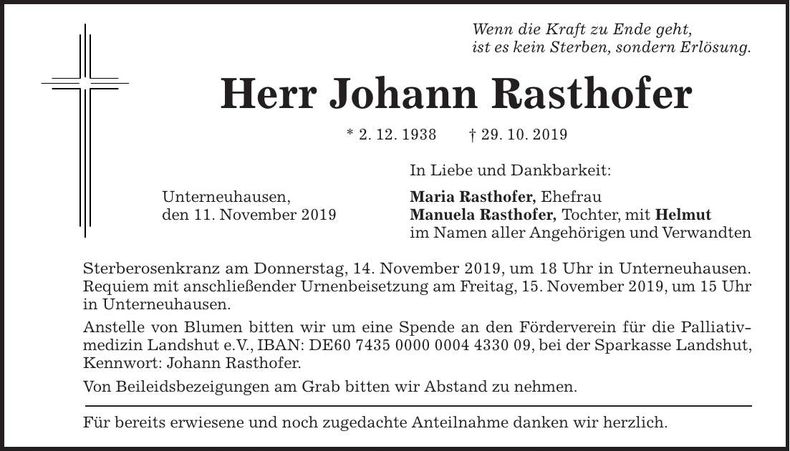 Traueranzeige Johann Rasthofer