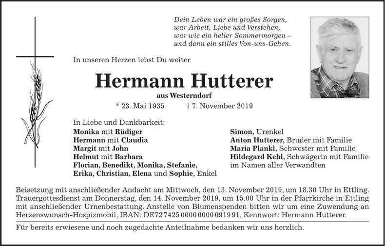 Traueranzeige Hermann Hutterer