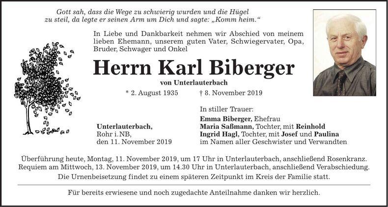 Traueranzeige Karl Biberger