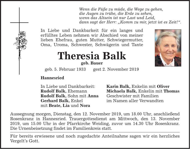 Traueranzeige Theresia Balk