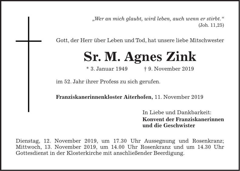 Traueranzeige Sr. M. Agnes Zink