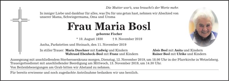 Traueranzeige Maria Bosl