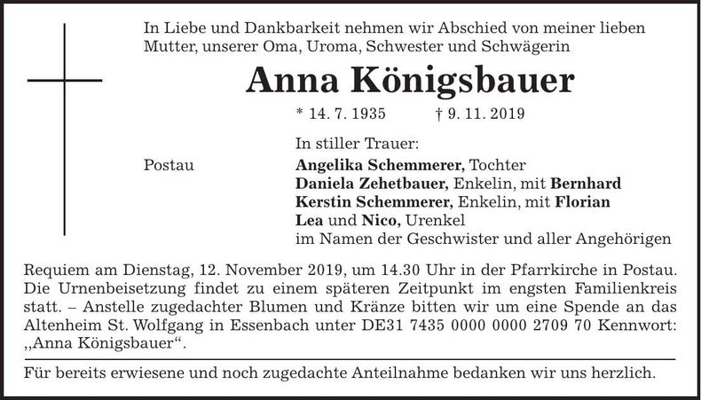 Traueranzeige Anna Königsbauer