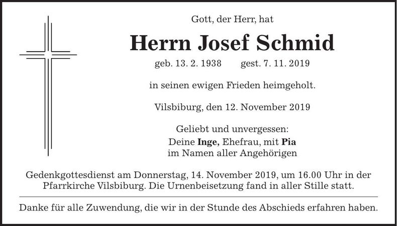 Traueranzeige Josef Schmid