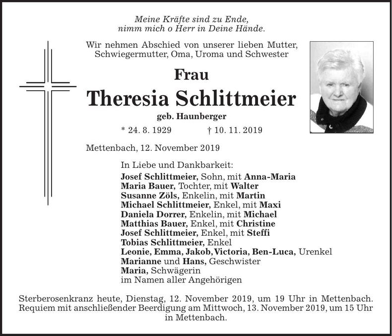 Traueranzeige Theresia Schlittmeier