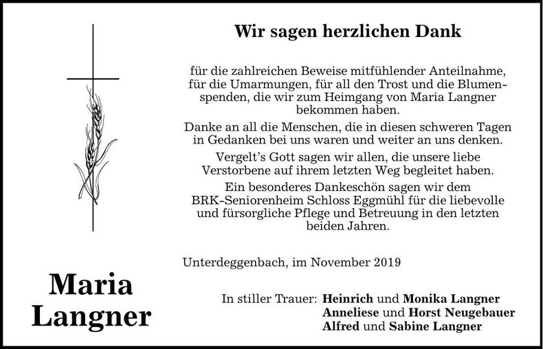 Traueranzeige Maria Langner