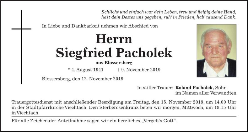 Traueranzeige Siegfried Pacholek