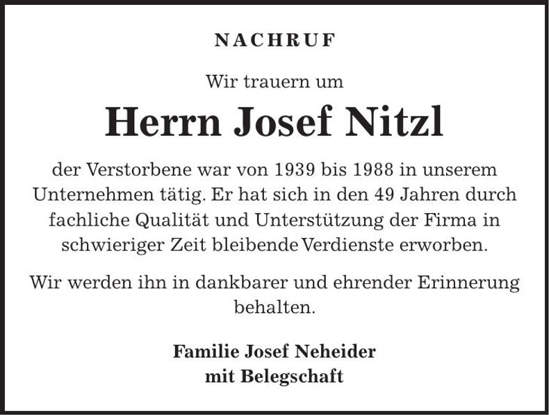 Traueranzeige Josef Nitzl