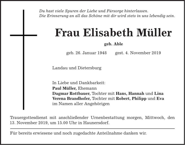 Traueranzeige Elisabeth Müller